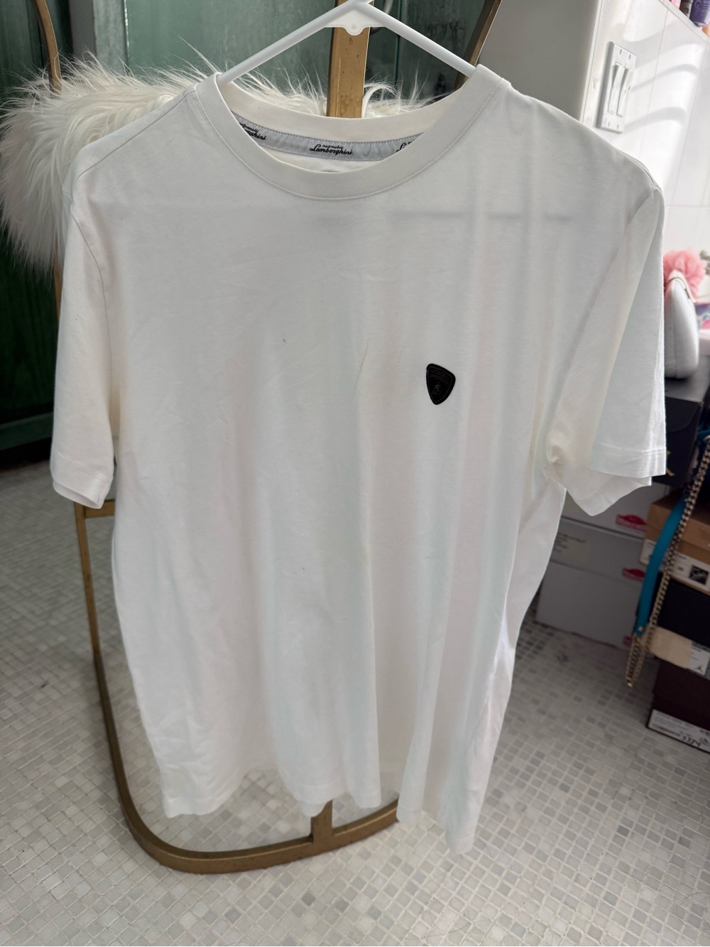 Lamborghini White Short Sleeve Crew Neck T-Shirt with Black Shield Logo